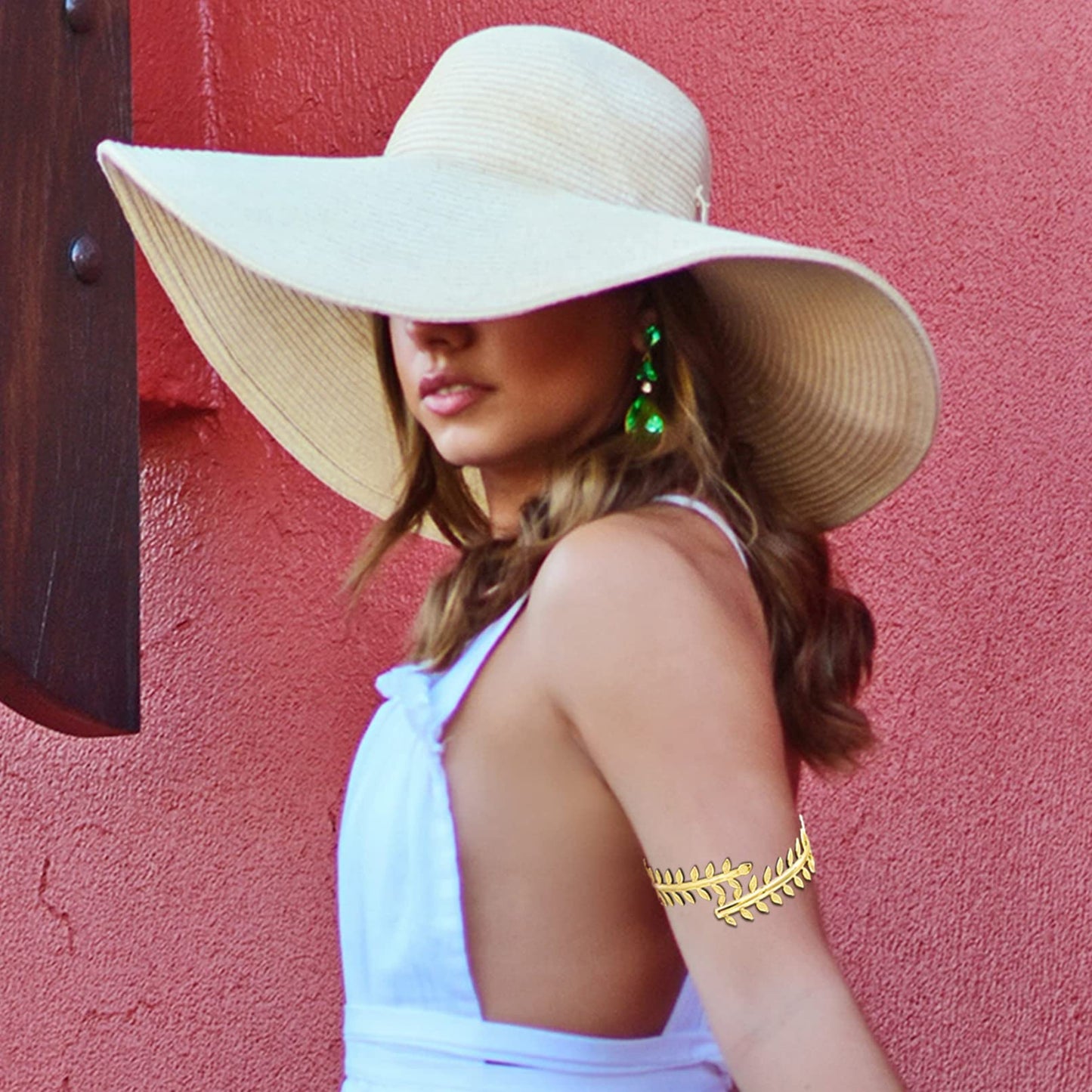RechicGu Greek Roman Laurel Leaf Bracelet Armband Upper Arm Cuff Armlet Festival Bridal Adjustable Bangle Minimalist Golden Colo