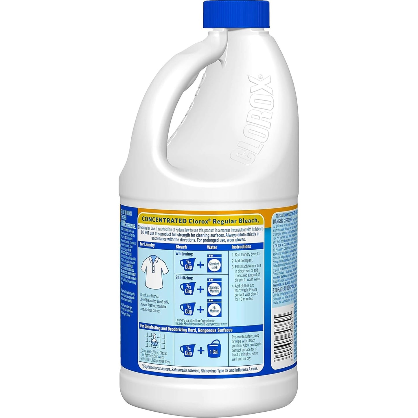 Clorox Bleach Cleaner, 2 Pack Original Concentrated Bleach, Easy Pour Bottle with Handle, Moldand Mildew Remover, Removes Stains and Whitens, 43 oz Each
