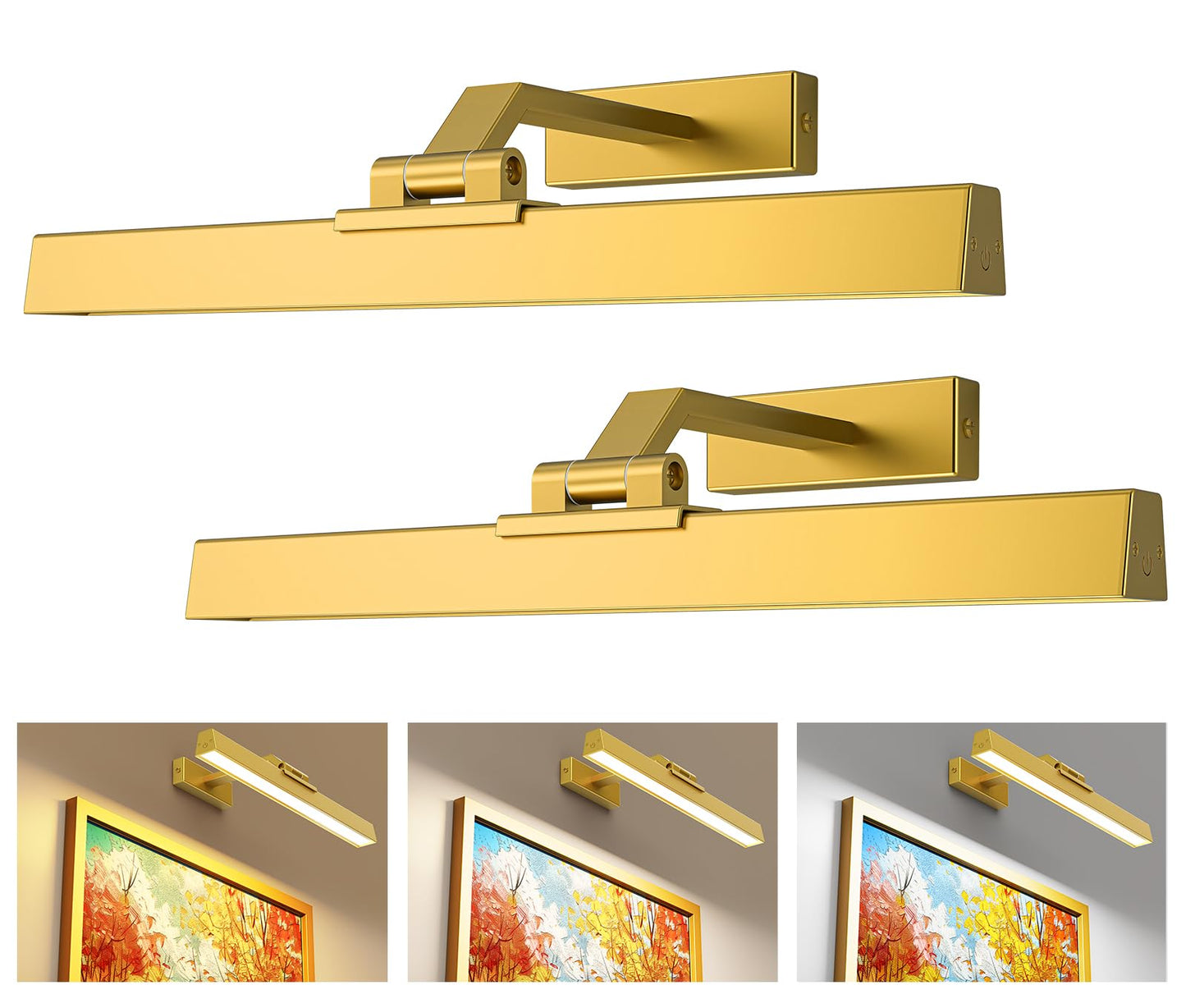 Afyuol Picture Lights - 16in Battery Operated Wall Light, Dimmable, Remote Control, Gold, 2PCS