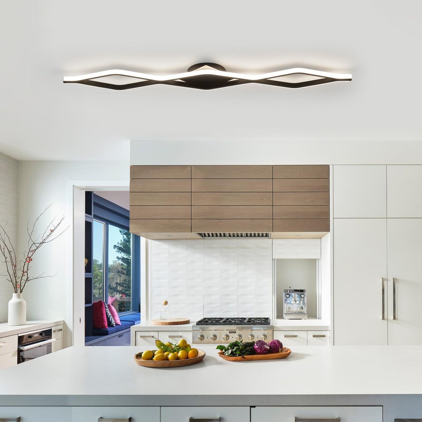Qcyuui Dimmable Led Ceiling Lights 46.4 Kitchen Lighting Fixtures Ceiling Black Flush Mount Ceiling Light With Remote Linear Ceiling Light For Kitchen Bedroom Dining Room Hallway 24W