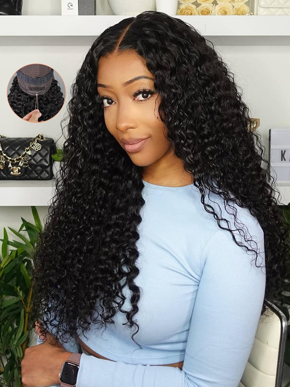 Curlyme Pre Bleached Water Wave Wear Go Glueless Wig 7x5 Lace Pre Cut Pre Plucked Glueless Wear and Go Lace Front Wigs Human Hai