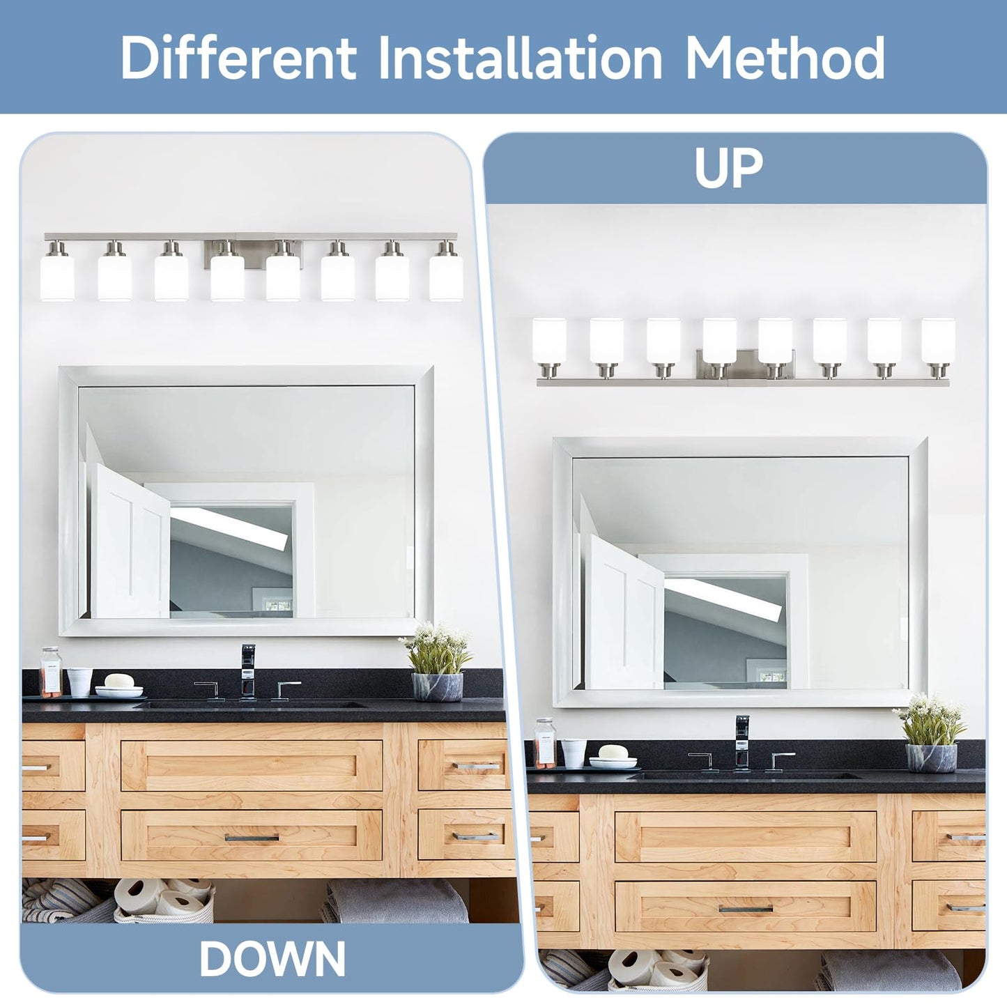 DIKAIDA 8-Light Bathroom Vanity Light,Brushed Nickel Vanity Lights with Square Frosted Glass,Modern Wall Lights Fixtures Over Mirror,Wall Sconces Lighting for Bedroom Living Room,E26