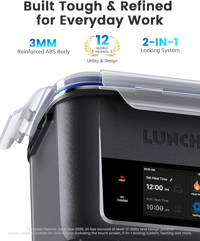 LUNCHGO® G1 Smart Electric Heated Lunch Box – Cordless, 5 Cups Capacity, 74 Wh Battery Powered, 250°F Max, Scheduled Heating, Perfect for Outdoor Work, On-The-Go Meals, 1-Year Warranty (Neon Gray)