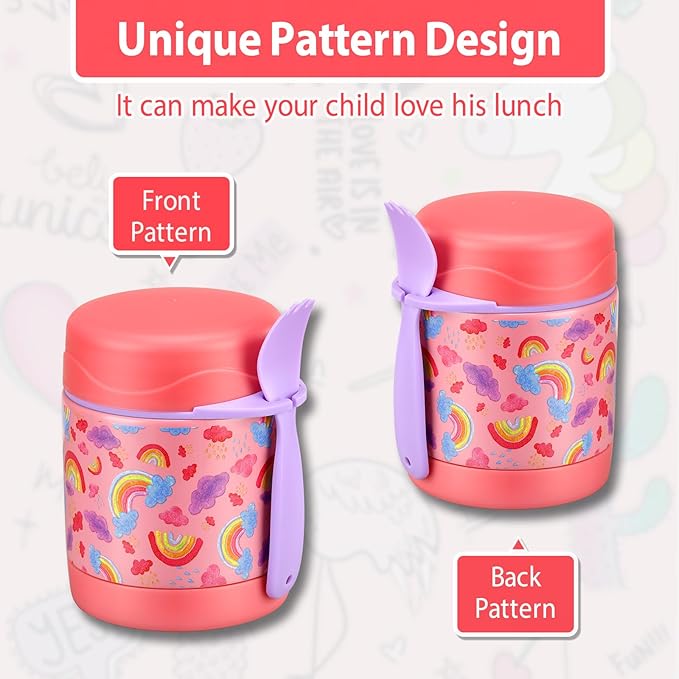 10oz Soup Thermo for Hot Food Kids,Lunch Kids Jar with Spoon Insulated Containers,Leak Proof Stainless Steel Wide Mouth Lunch School(Pink-Rainbow), (thermos-CH)
