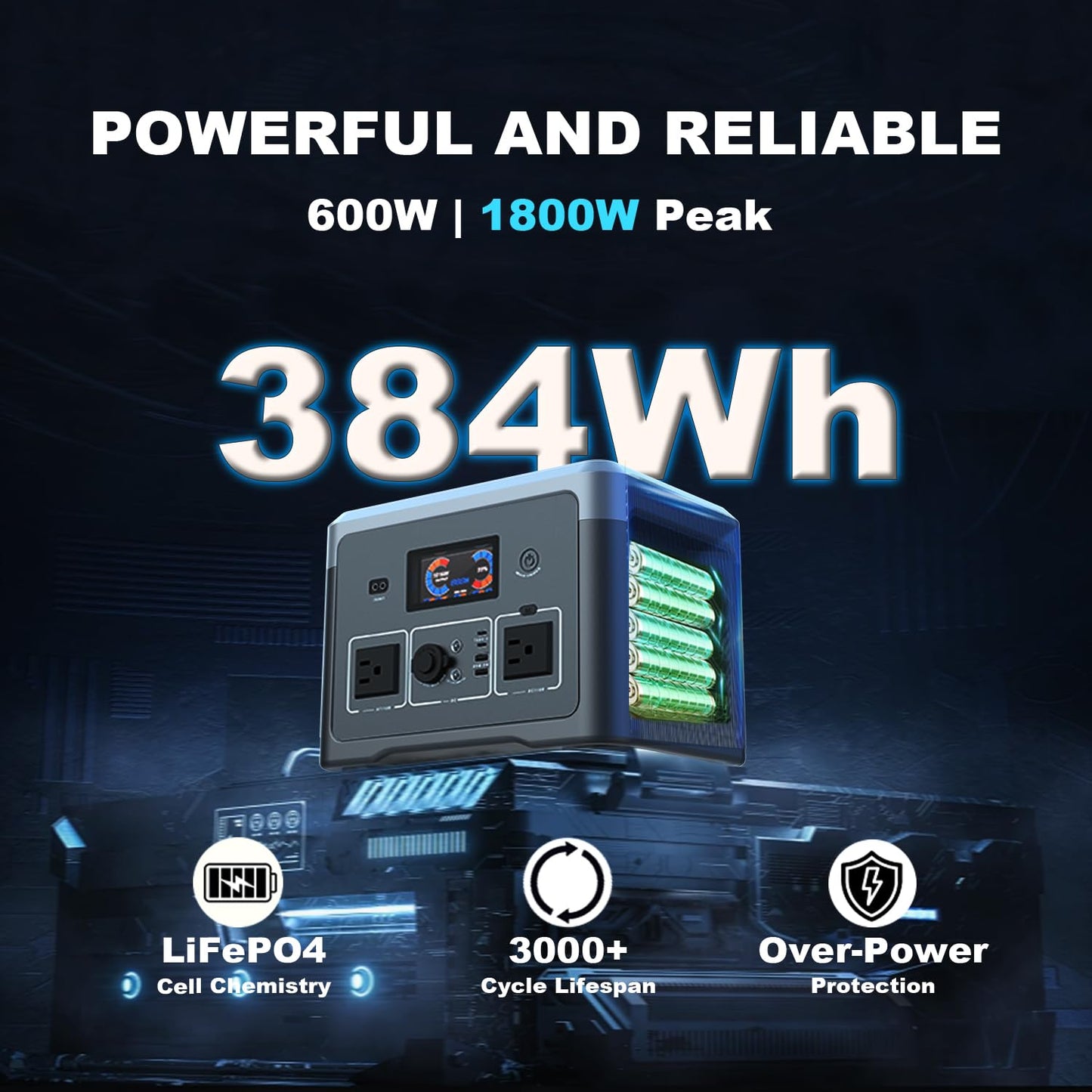 Portable Power Station, 384Wh Lifepo4 Battery Backup, 600W(1800W Peak) Solar Generator With 10 Outlets,Ups Function, Solar Power