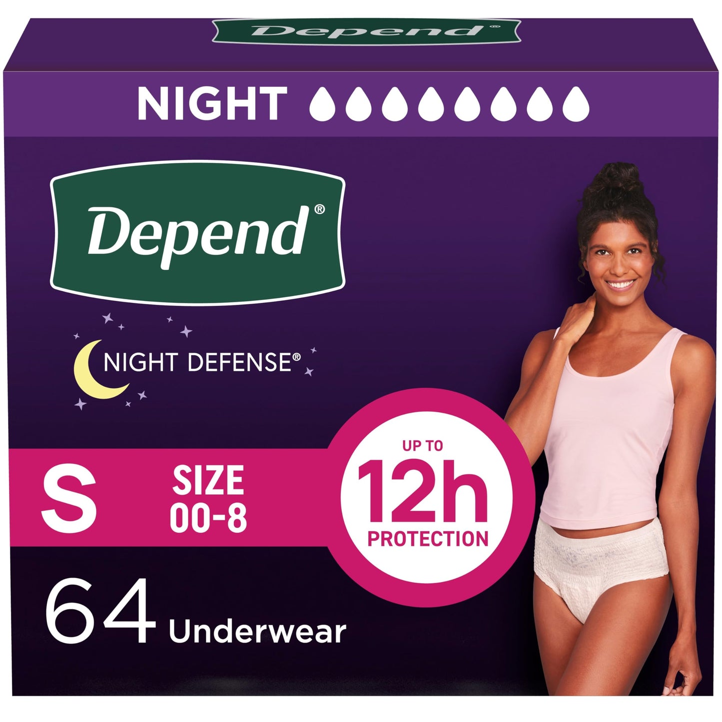 Depend Night Defense Adult Diapers, Incontinence & Postpartum Bladder Leak Underwear for Women, Disposable, Overnight, Small, Blush, 64 Count (4 Packs of 16), Packaging May Vary