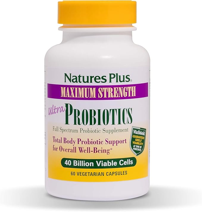 Natures Plus Ultra Probiotics - Maximum Strength Digestive Supplement - Total Body & Gut Health - Intestinal & Colonic Probiotics & Prebiotic Acai - 60 Vegetarian Capsules (60 Servings)