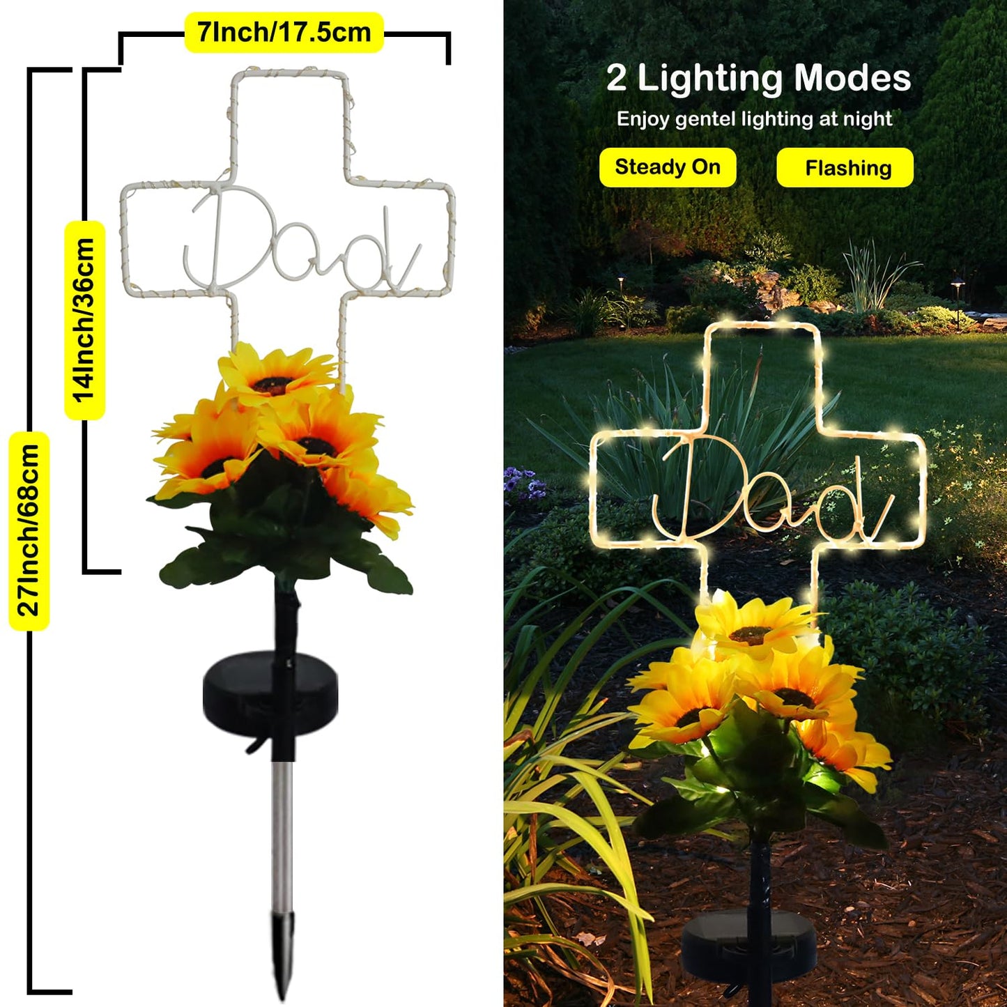Lmtocs Solar Cross Grave Lights - Waterproof Sunflower Design For Cemetery, 2 Modes, Memorial Decor For Dad
