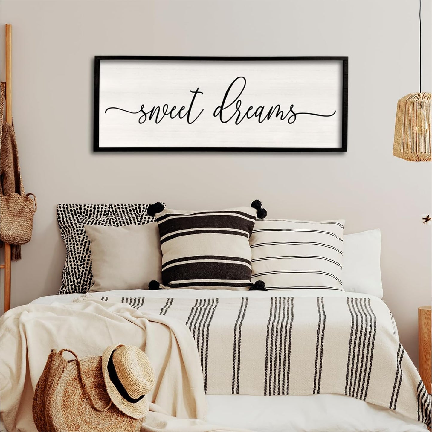 Sweet Dreams Wall Decor Above Bed 40''×15'' Master Bedroom Large Sweet Dreams Sign Farmhouse Wall Decor Guest Room Wood Rustic Framed Over Bed Wall Art Hanging Decoration (Black)