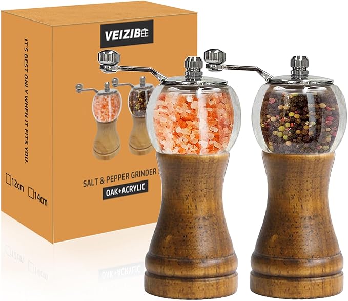 Pepper Mill Set，Manual Pepper Mills, Classical Hand Shake Wooden Pepper Grinder Set，Salt Mills，Wooden Pepper Mill，Ceramic Blades Metal Handle，Enjoy Fresh Ground Pepper (Walnut color 2pcs-6in)