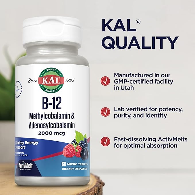 KAL Vitamin B12 Methylcobalamin and Adenosylcobalamin 2000 mcg ActivMelt, B12 Energy Supplements, Metabolism, Nerve, Red Blood Cell Support, High Absorption, Natural Berry, 60 Serv, 60 Micro Tablets