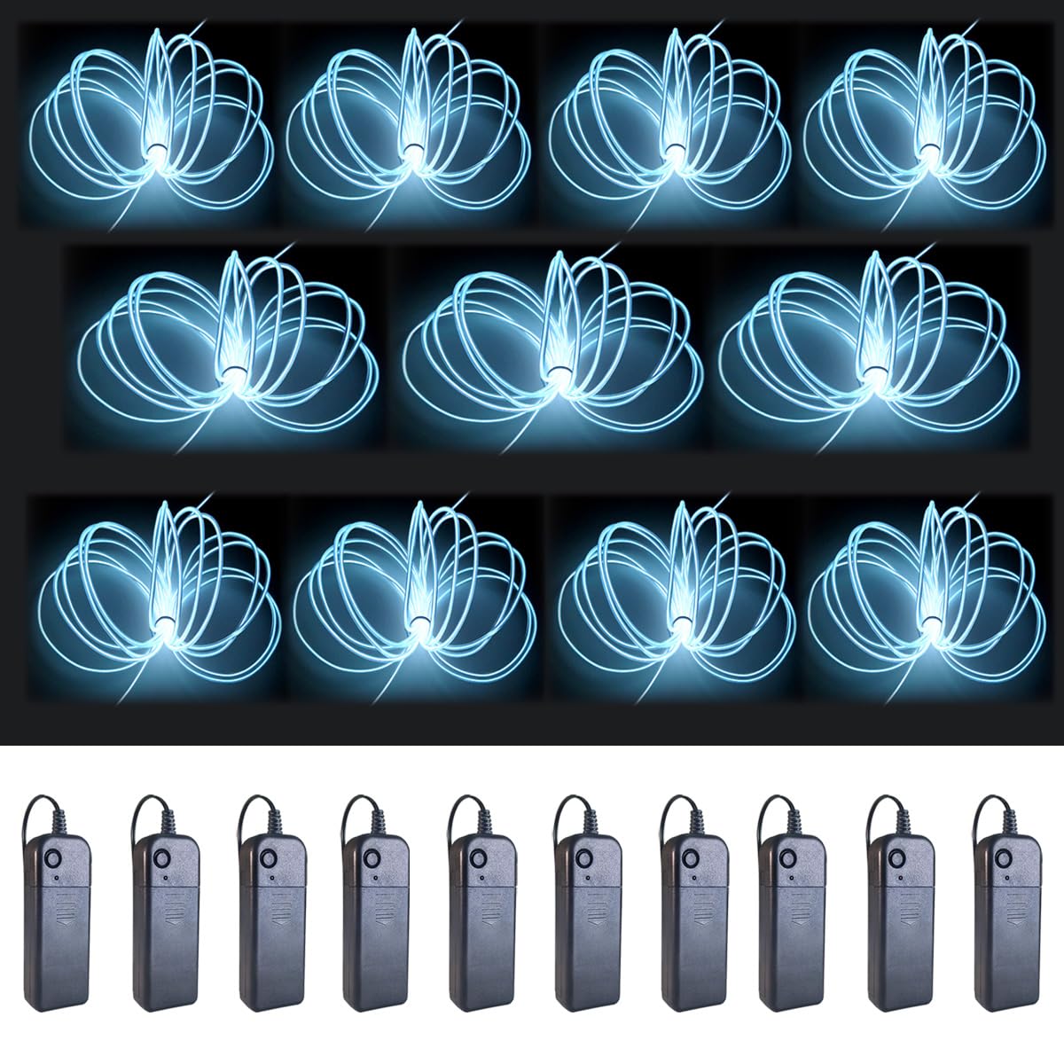 Maxlax El Wire White 10-Pack  16.4Ft/5M Neon Light Wire With Noise Reduction And Battery Pack