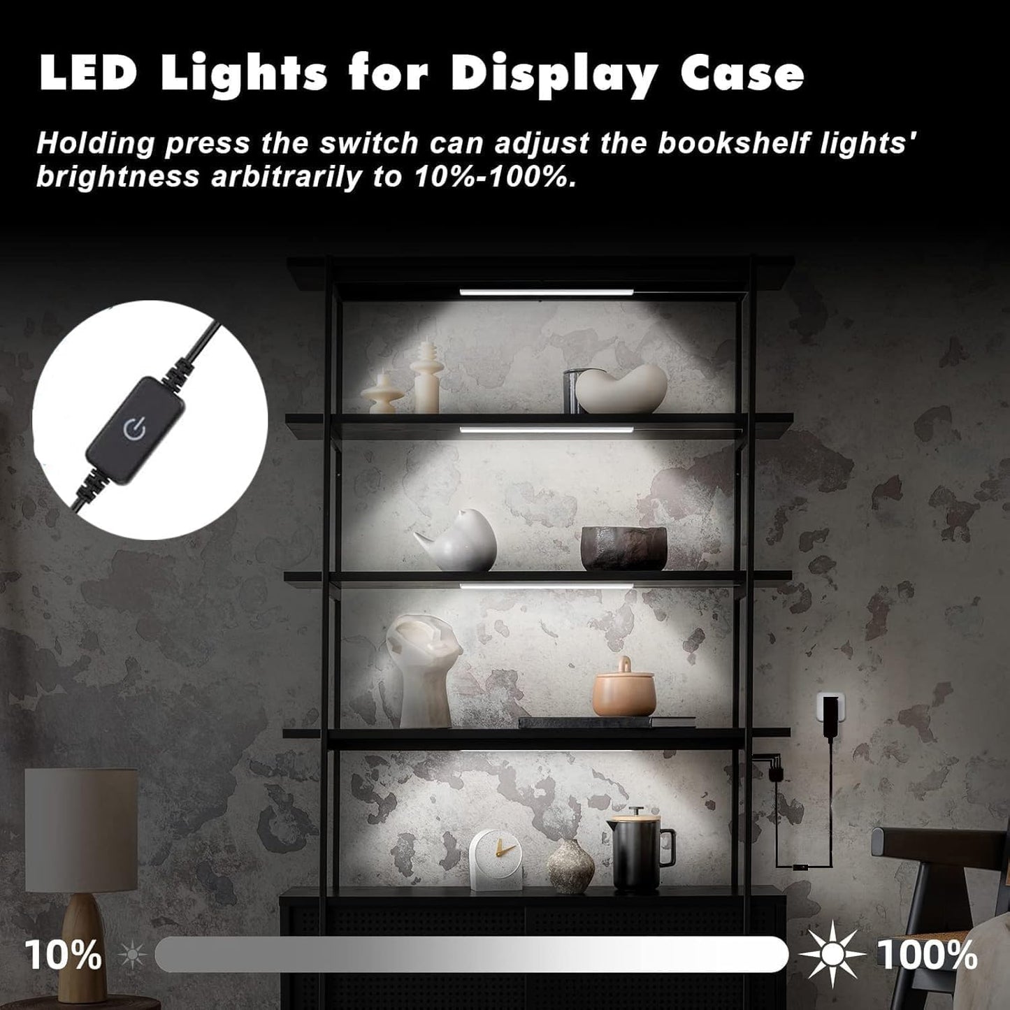 Jusjubr Display Cabinet Lights  Led Shelf Lighting With Memory Function  4X12 Inch Black Display Case Led Lighting  Led Lights For Display Case  Cold White 6000K  Ultra-Thin  Dimmable