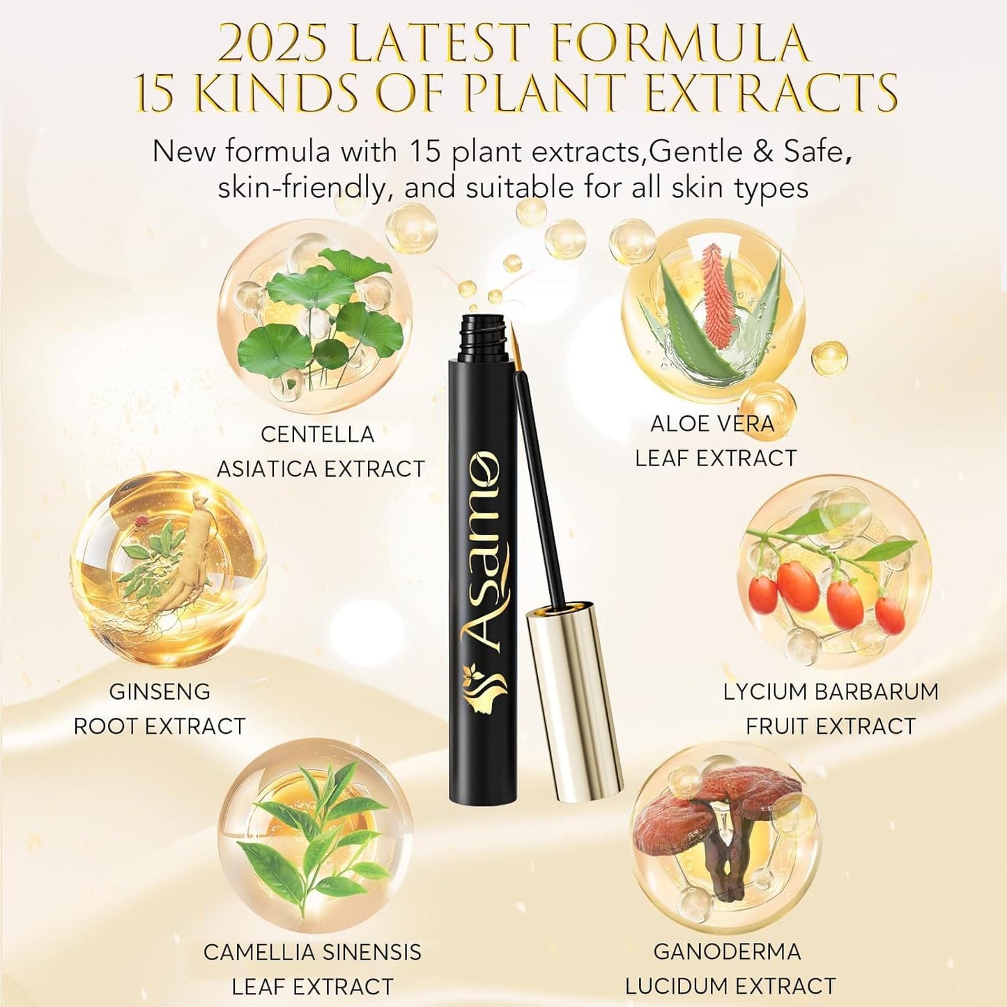 Eyelash Growth Serum – 15 Plant Extracts for Longer, Denser & Robust Lashes,Boosts Natural Lash Development,eyelash serum,Enhance Natural Beauty, Hypoallergenic Oil Free,lash growth serum（Black-Gold）