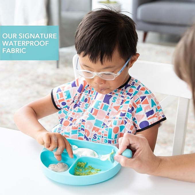 Bumkins - Junior Bib - For Boys & Girls, Toddlers & Kids 1-3 Years - Lightweight, Durable, Waterproof - Short Sleeve Bib - Catch-All Pocket - Wipeable & Machine Washable - Kindness - 2 Pack