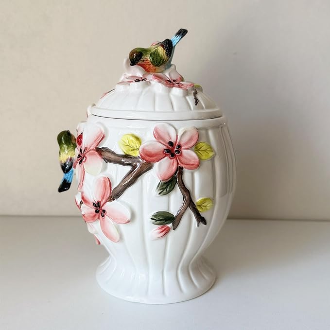 Ceramic Food Storage Containers with Lids, 3D Hand-painted Magnolia Flower and Bird for Home Kitchen Countertop Decorative Collection Jars