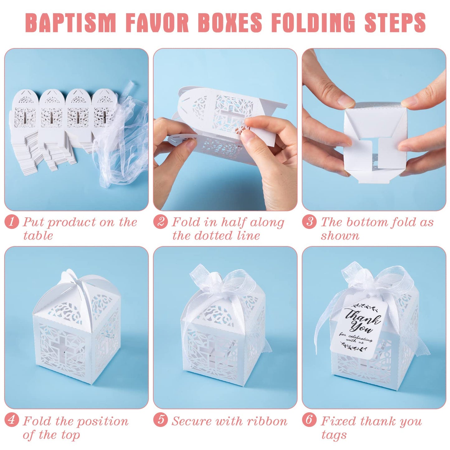 100 Pieces Baptism Rosary Sets Includes 25 Mini Baptism Rosary with Angel, 25 Favor Boxes, 25 Organza Bags and 25 Thank Kraft Ta
