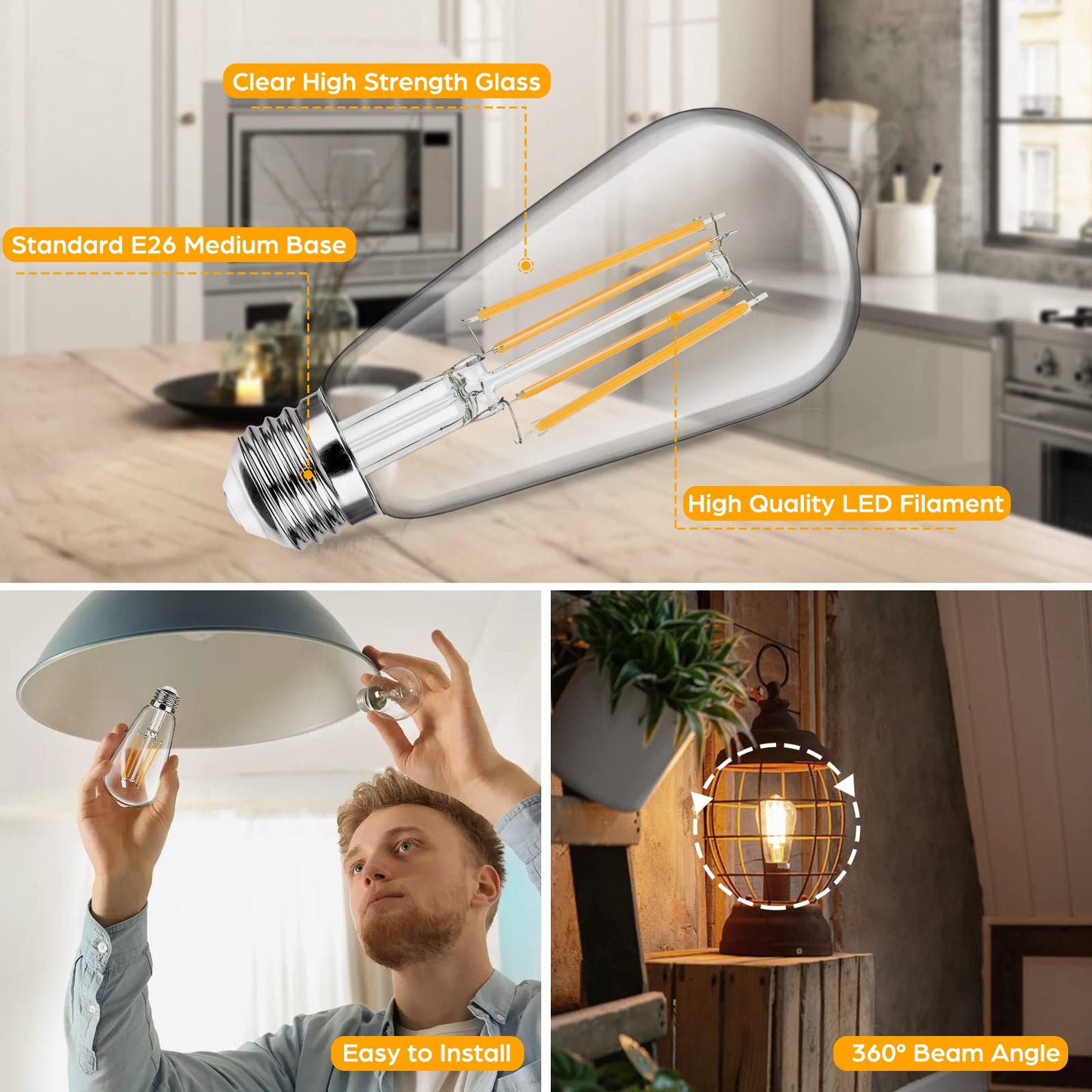 4-Pack Vintage LED Edison Bulbs 100W Equivalent 1400LM High Brightness 8W ST58 LED Filament Light Bulbs 3000K Warm White E26 Medium Base CRI90+ Antique Clear Glass for Home Dinning Room, Non-dimmable