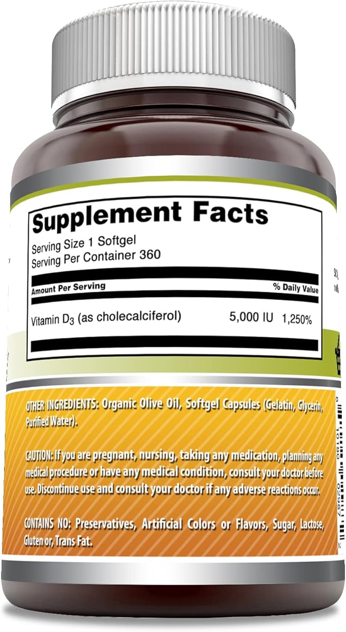 Amazing Formulas  Vitamin D3 in Olive Oil  Supplement | 5000  IU Per Serving | 360 Softgels | Non-GMO | Gluten Free | Made in USA