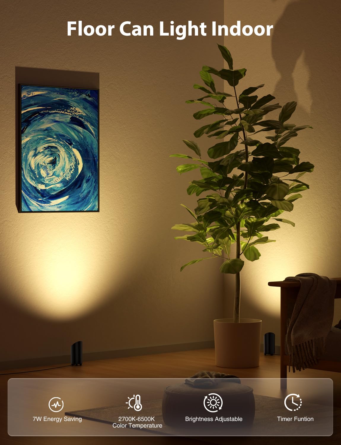 Onforu 7W Floor Can Light Uplighting, Remote Control, 2700-6500K, Black, Model FW05, 2 Pack