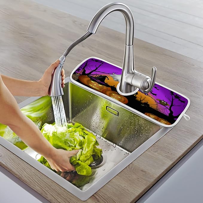 Happy Halloween Purple Faucet Sink Mat for Kitchen 2 Pack Spooky Ghost Pumpkin Bat Witch Bathroom Drying Mat Absorbent Splash Water Catcher Mats Microfiber Cloth Drip Protector Splash Pad 14x5 Inches