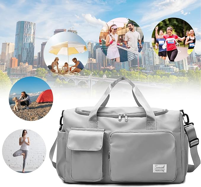 Sports Gym Duffel Bag with Shoes Compartment and Dry Wet Separated Pocket for Men and Women - Overnight Weekender Training Handbag Yoga Bag - Gray