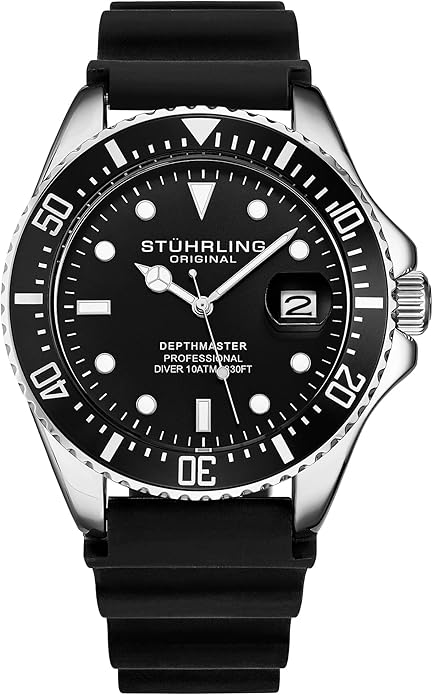 Stuhrling Original Men's Watch Dive Watch Silver 42 MM Case with Screw Down Crown Rubber Strap Water Resistant to 330 FT