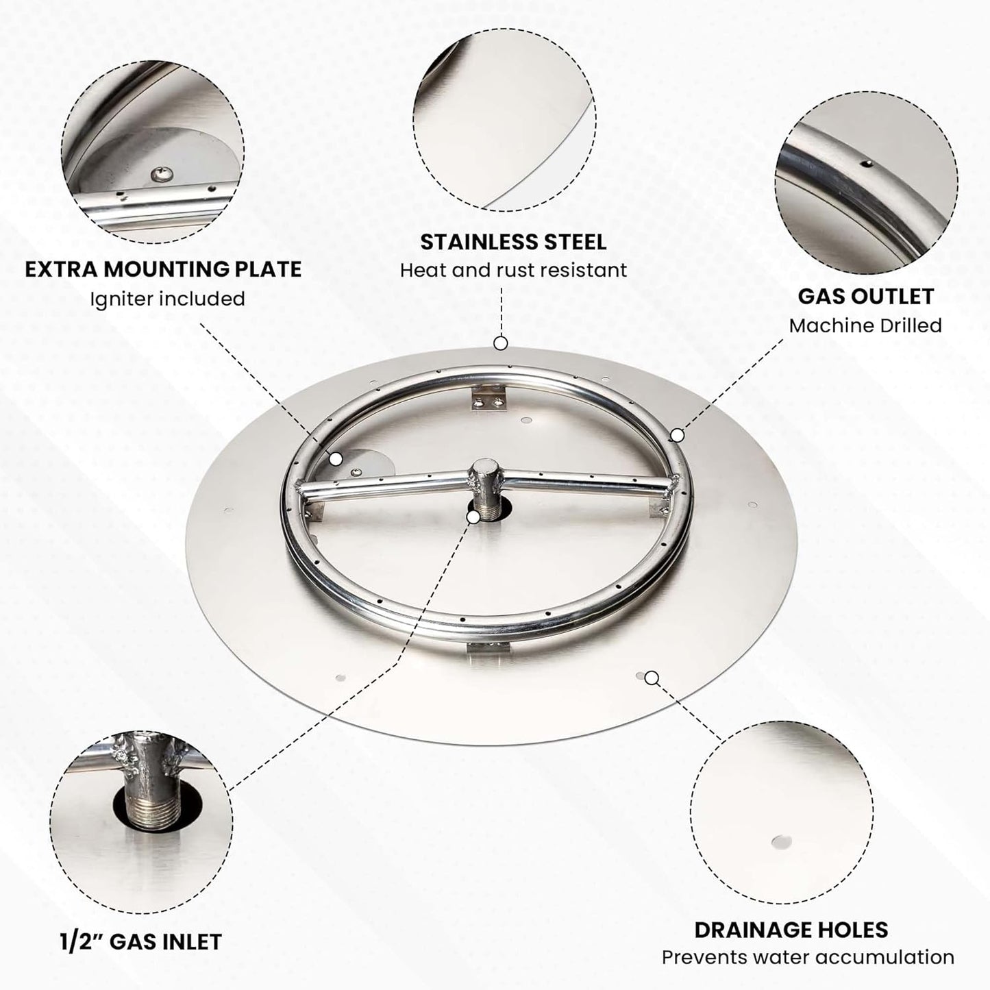 Stainless Steel Fire Pit Burner Pan & Ring Standard Kit with Spark Ignition for Natural Gas, 18-Inch Pan, 12-Inch Ring, 90,000 BTU Max