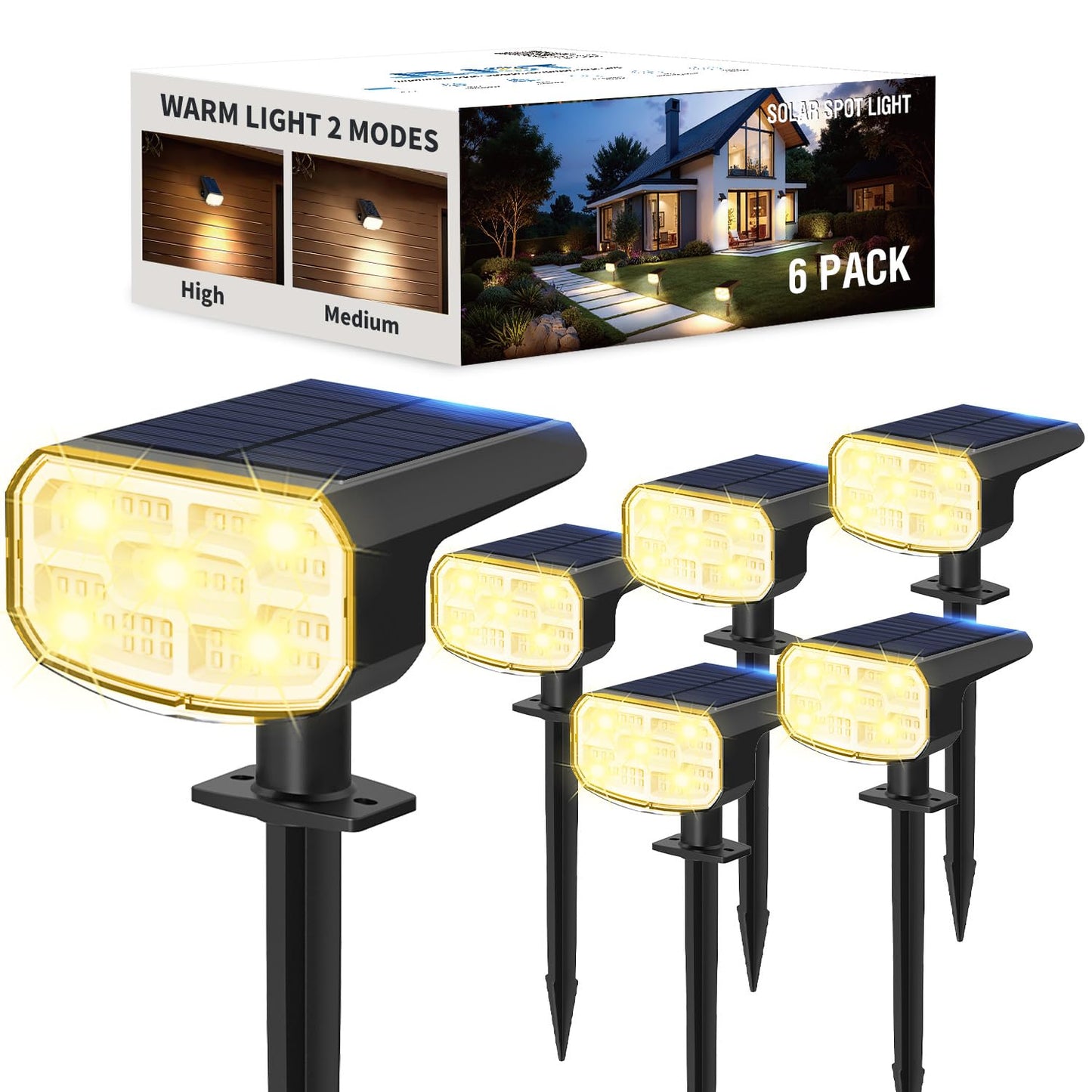 Jejot Solar Lights Outdoor Waterproof Ip65  Super Bright Led  3000K 2 Lighting Modes  Solar Powered Yard Garden Solar Spot Lights For Outside Landscape Auto On/Off -6 Pack