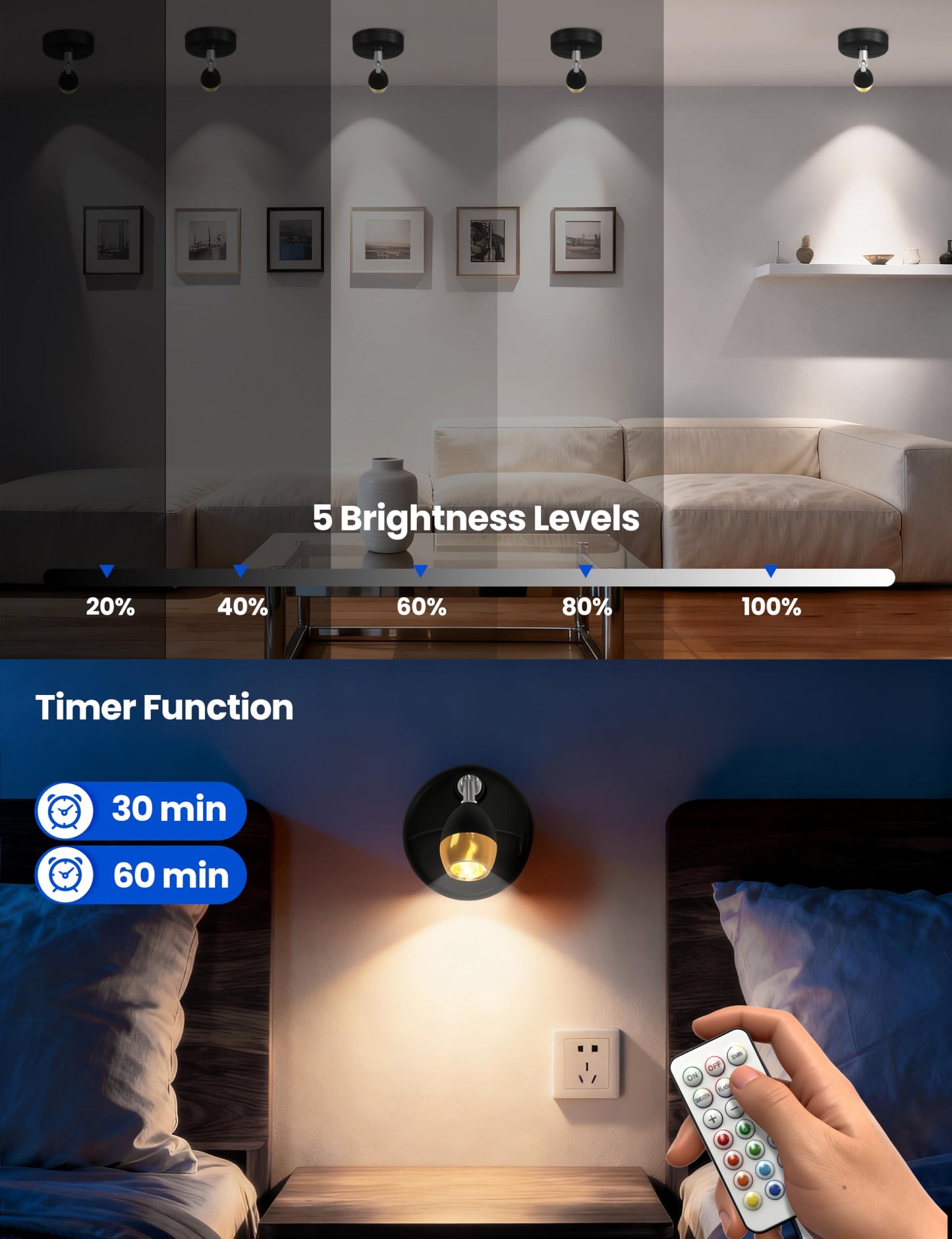 KINDEEP Mini Spotlight for Displays Indoor: LED Uplighting Wireless, RGB Spot Lights with Remote, Timer＆Dimmable, Picture Lights for Painting, Artwork, Accent Lighting, Black, 6 Pack