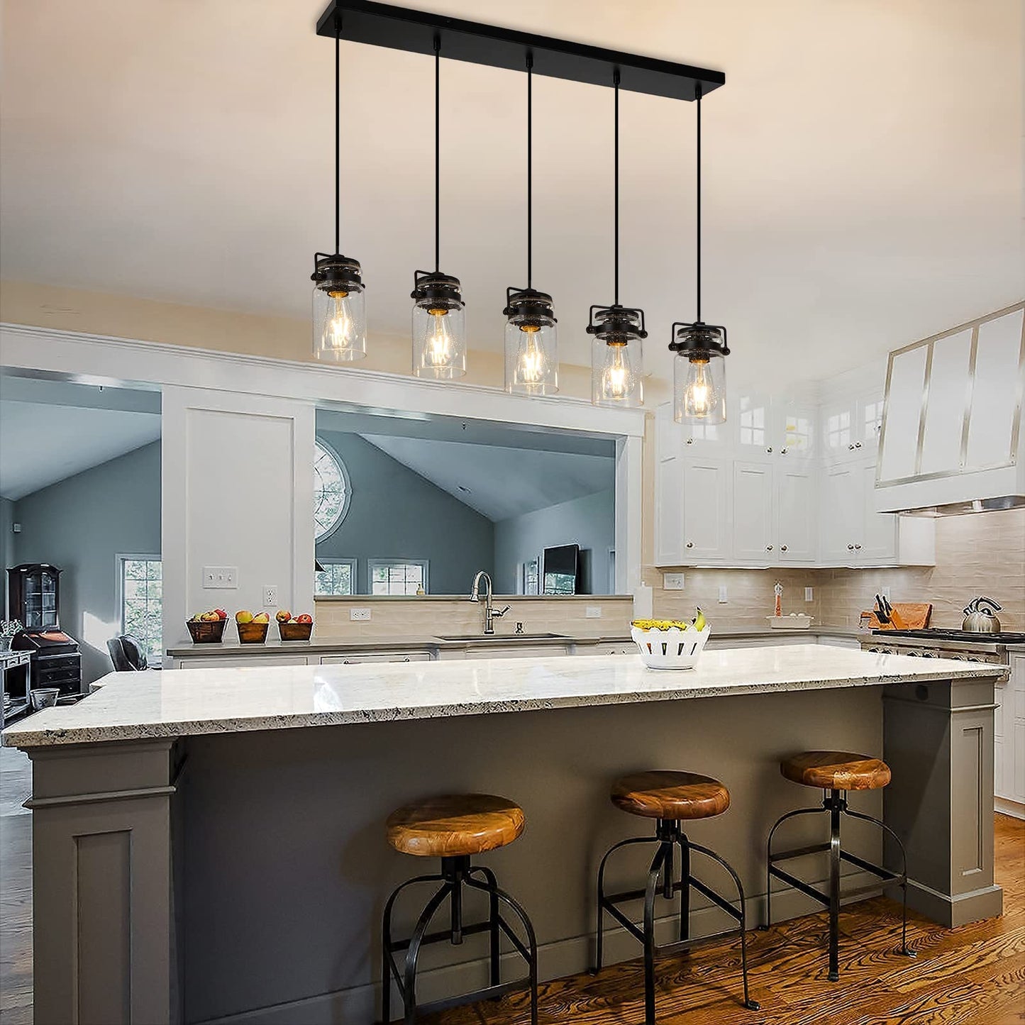 Foucasal Pendant Light Kitchen Island Lighting  5-Light Pendant Ceiling Light Fixture  67.71 Inches Hanging With Clear Glass Shade Farmhouse Chandeliers For Dining Room Bedroom Hallway - Black