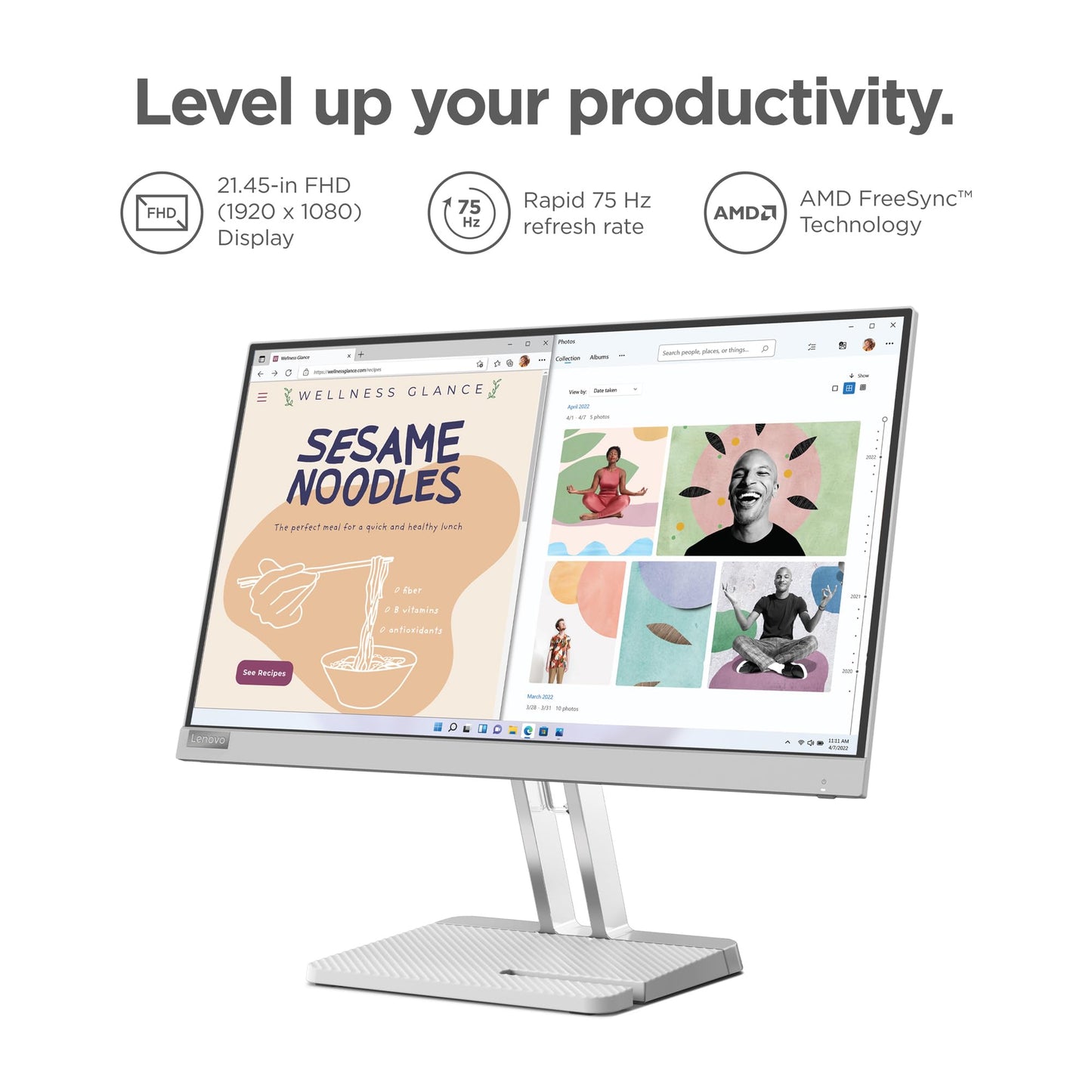 Lenovo L22E-40 Monitor, 21.45    Fullhd Resolution, 250 Nits Brightness, 75Hz Refresh Rate, Amd Freesync, Hdmi And Vga Ports, Ti