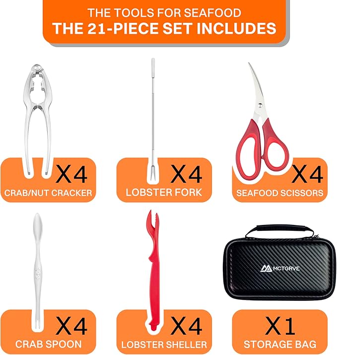 Crab Crackers and Tools，21-piece Seafood Tools Set includes 4 Crab Crackers, 4 Lobster Shellers, 4 Lobster Forks/Picks, 4 Crab Forks/Spoons and 4 Seafood Scissors in 1 Storage Bag - Nut Cracker Set