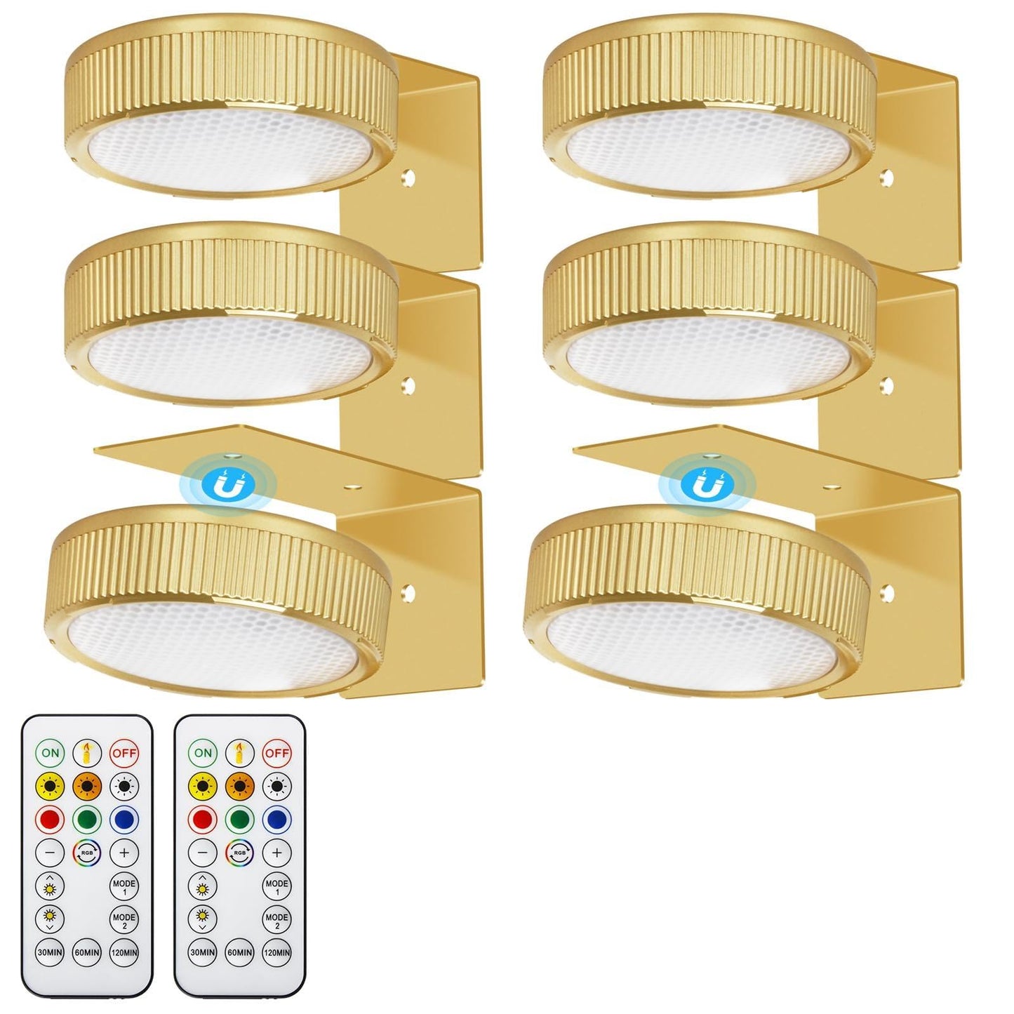 SIXDEFLY RGB Magnetic Suction Spotlight - Battery-Powered, Wireless, Remote Control, 6 Pack, Gold