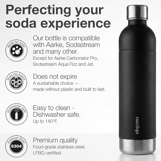 Stainless Steel Carbonating Bottle 33 oz | Compatible with Aarke Carbonator 3, Sodastream (Excl. model Aqua Fizz + Jet) and many others| Dishwasher Safe, No Expiration Date, BPA-Free