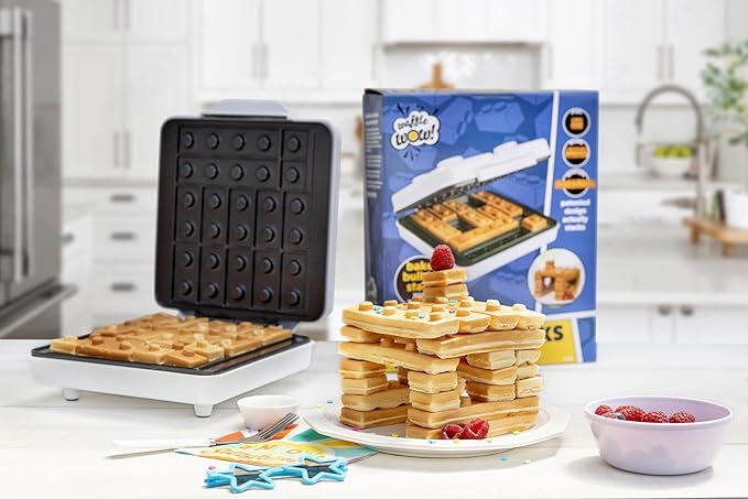 Building Brick Electric Waffle Maker- Cook Fun Buildable Holiday Waffles, Pancakes- Make Gingerbread Man Houses & Cars Out of Stackable Waffles- Bite Sized for Kids, Nonstick Iron w Recipes Xmas Gift