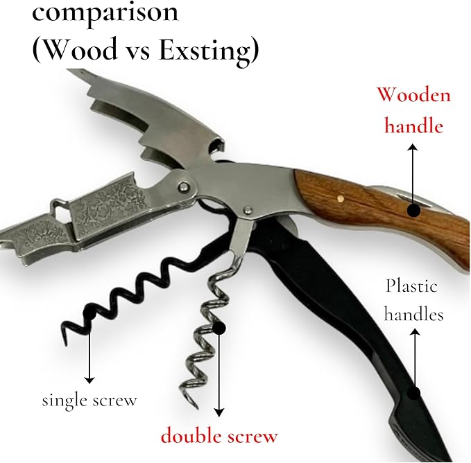 Professional Wood Grapevine Pattern Sommelier Knife With Black Leather Wine Keyring with Ergonomic Wood Grip, Beer Bottle Opener Foil Cutter Waiters Corkscrew Wine Opener