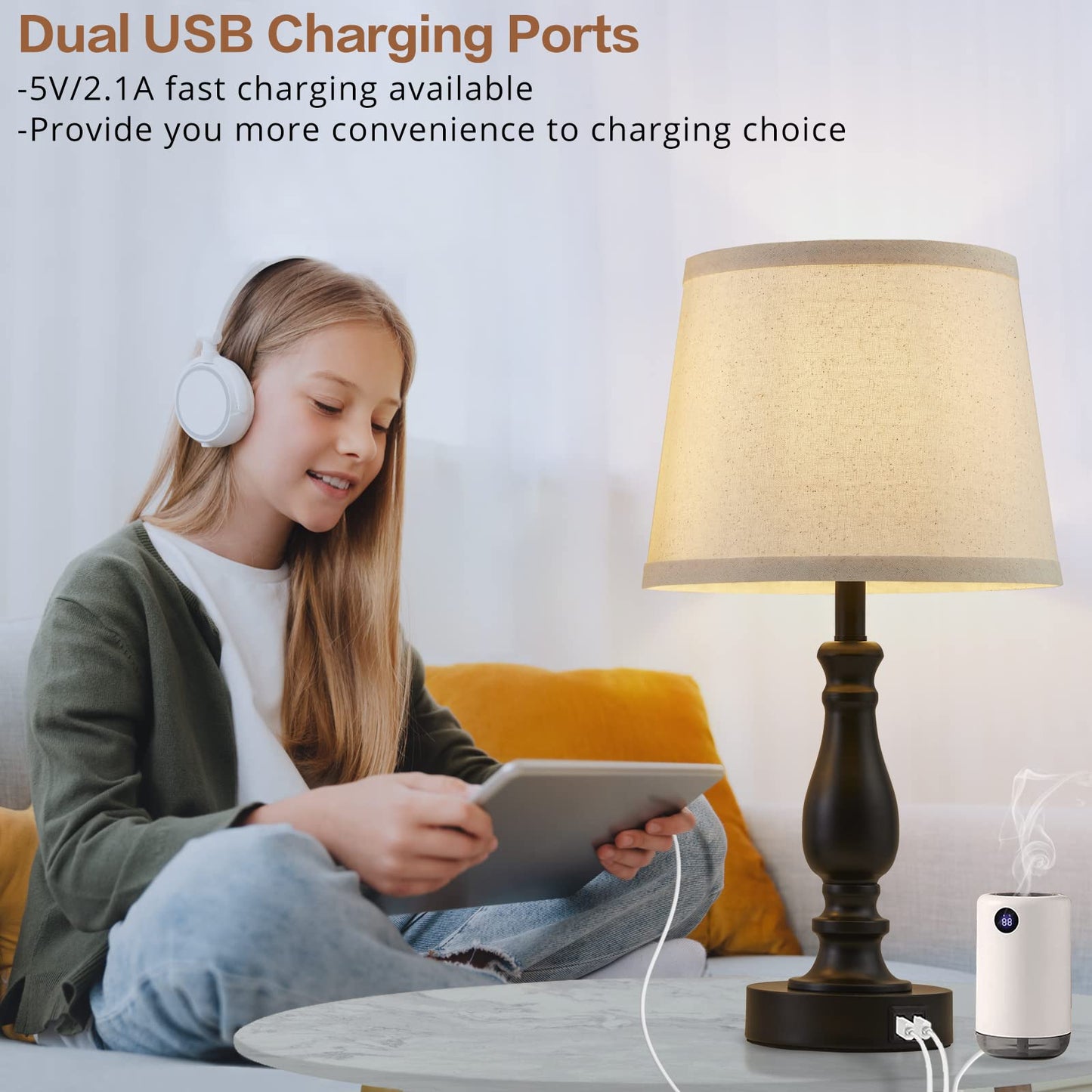 EJIAXIN Touch Bedside Table Lamps Set of 2, 3 Way Dimmable, USB Ports, Slub Linen Shade, Light Oat Color, Model E-98008A