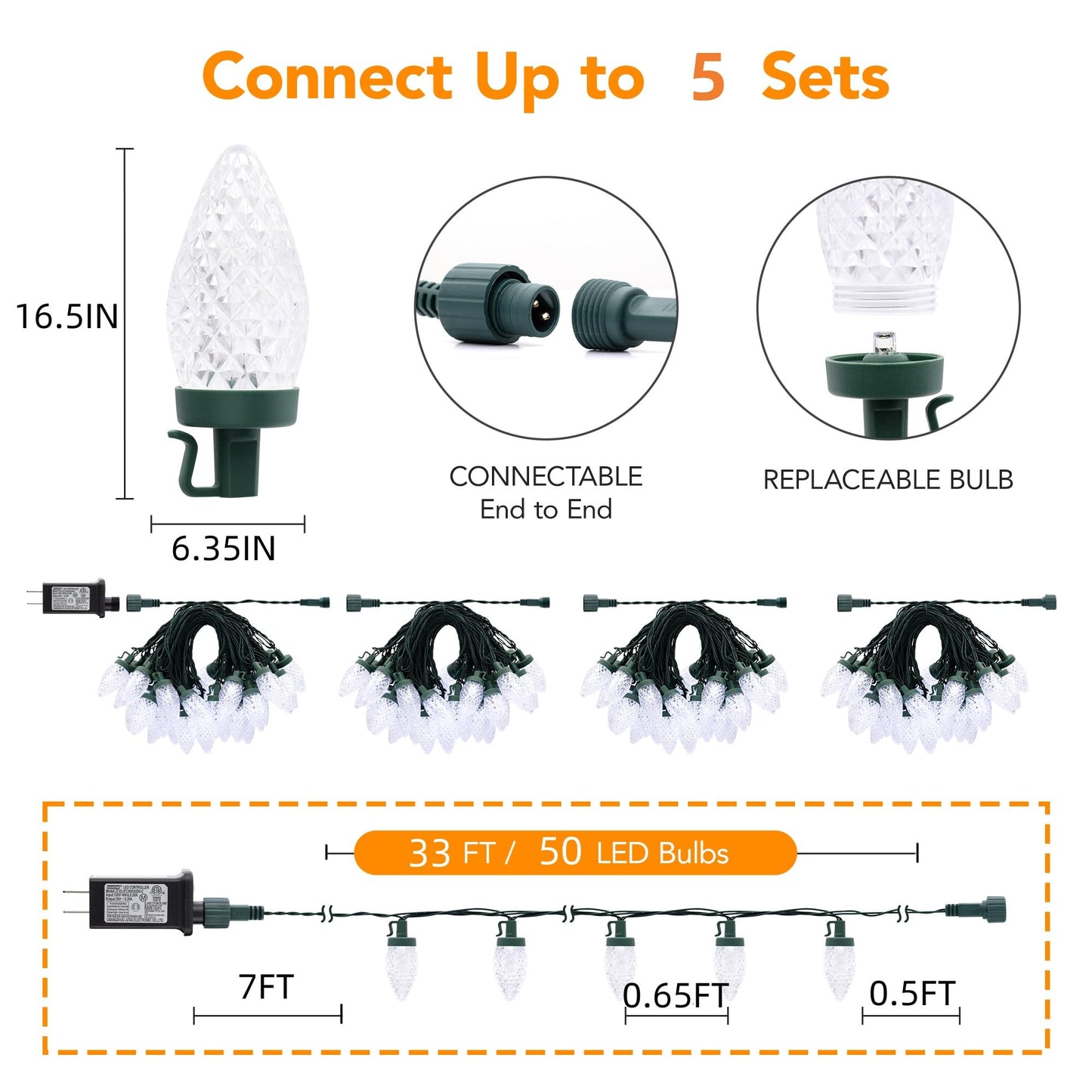 Ucutely C9 Led Christmas Lights Outdoor 33 Feet 50 Led 8 Lighting Modes Waterproof Connectable Christmas String Lights For Outside Roofline Patio Home Xmas Decorations (Warm White)