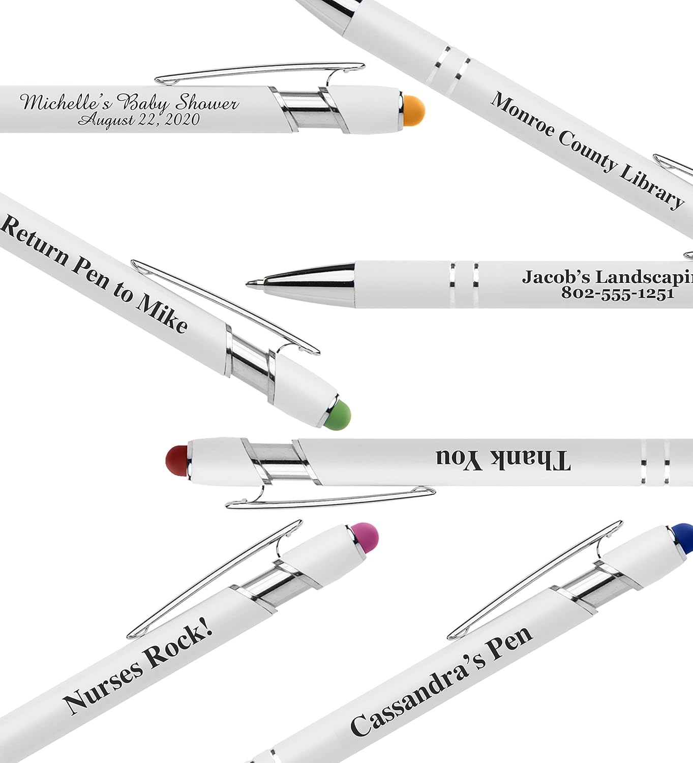 ExpressDesigns™ - Premium Custom Pens with Stylus | Beautiful White | Personalized Soft-Touch Metal Printed Name Pens w/Black Ink - 12 pack (Black)