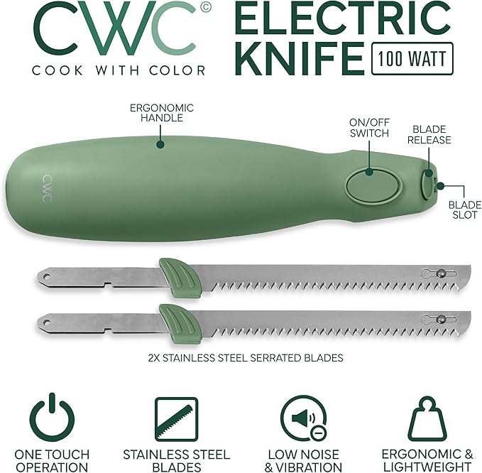 COOK WITH COLOR Electric Knife, 100W Power, Dual Stainless Steel Blades for Precise Cutting, Ergonomic Handle, Low Noise and Vibration, Ideal for Bread, Meat, and Vegetables, Green