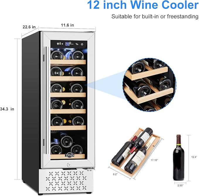 Tylza 12" Wine Cooler Refrigerator, 18 Bottles Wine Fridge Built-in or Freestanding with Stainless Steel & Double-Layer Tempered Glass Door, Compressor Fast Cooling, Low Noise and No Fog, Mini Fridge