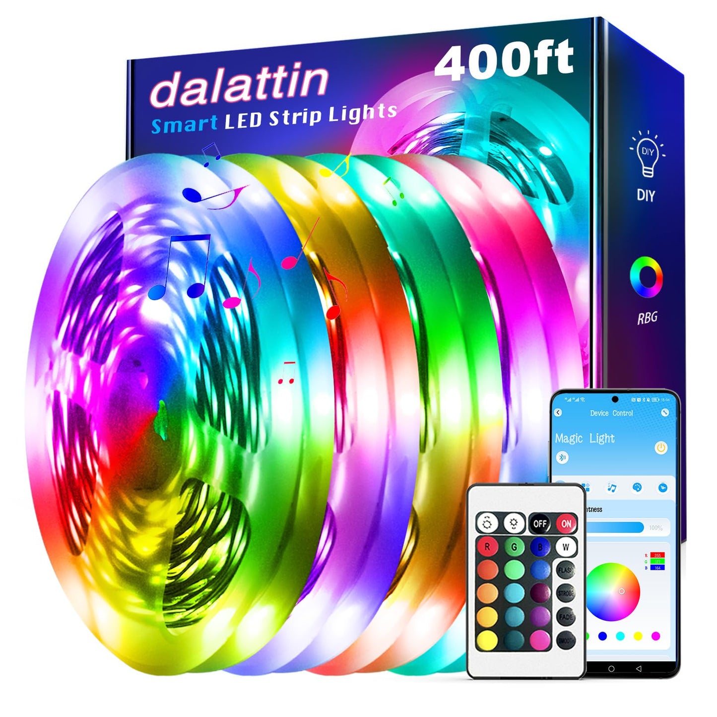 dalattin LED Strip Lights 400ft, Multicolor, Bluetooth App Control, Music Sync, Model TCF0243124G-JA01-AUS-A1