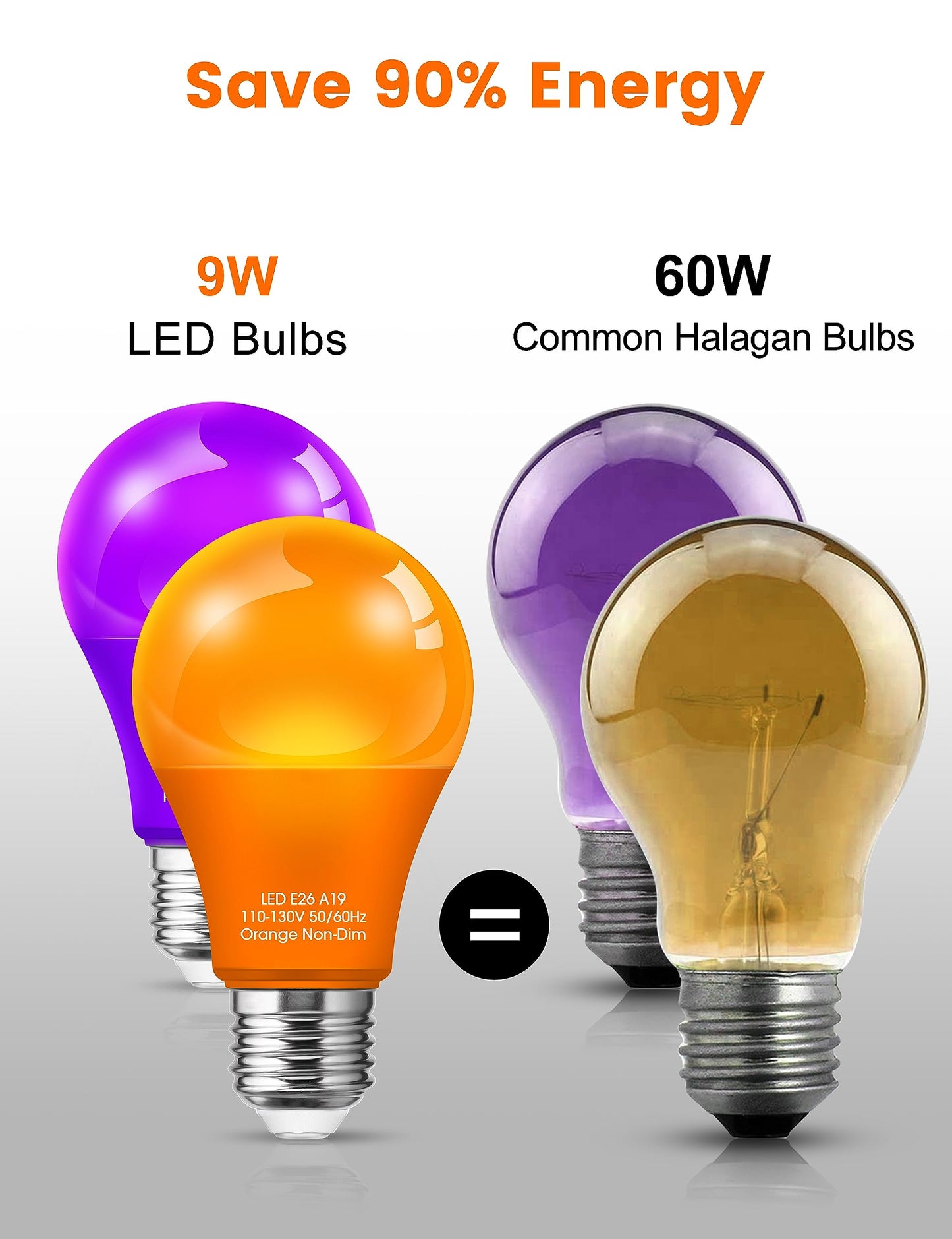 Woxeon A19 Led Light Bulbs 4 Pack - 2 Orange & 2 Purple, 9W (60W Equivalent), E26 Base, Plastic - Perfect For Halloween & Holiday Decor