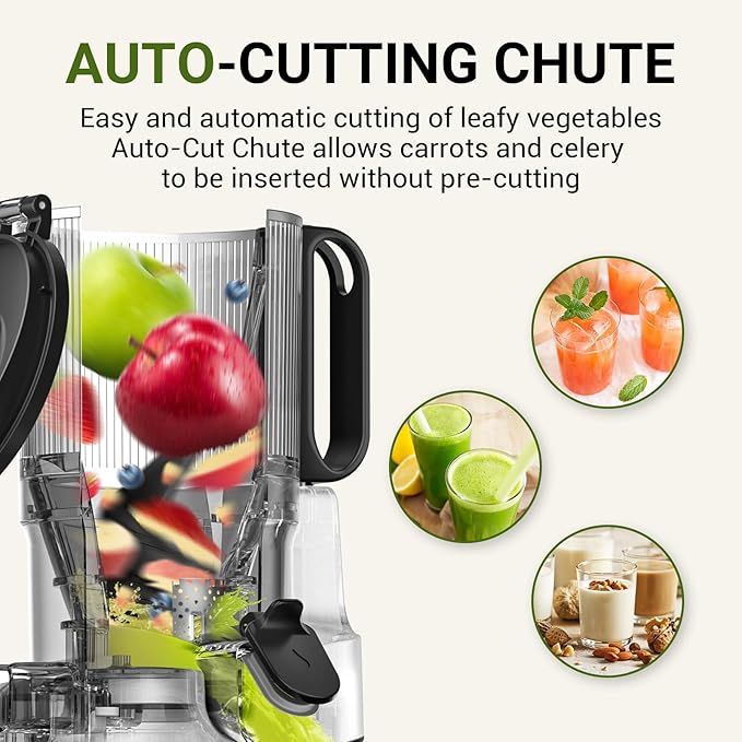 Cold Press Juicer – 5.8" Wide Mouth Hopper for Whole Recipe Loading, Self Feeding for Hands-Free Operation, Zero Waste Masticating Juicer For More Juice, Less Pulp – Triple Strainers