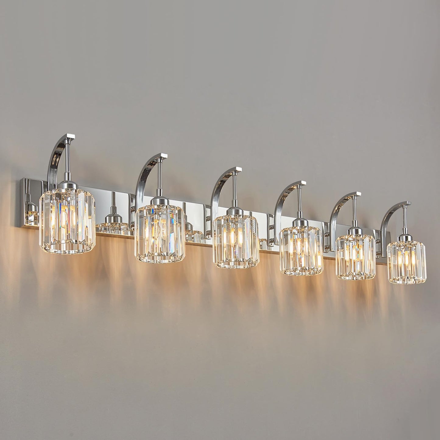 Fdpby 6-Light Crystal Vanity Light  Chrome Modern Wall Sconce With K9 Crystal Shades  51.18 Long Over Mirror Lighting For Bathroom  Makeup  Hallway  Elegant & Easy Install