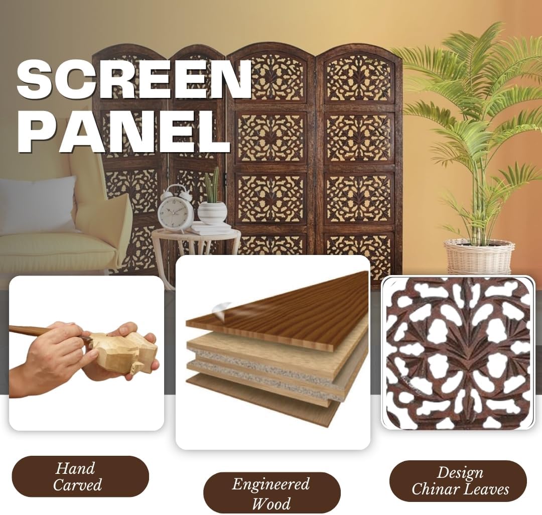 Room Divider Wood Screen Panel – Burnt Brown, 4-Panel Folding 64"x48", Hand-Carved, Reversible Privacy Partition, Decorative & Functional Portable Room Divider for Home or Office