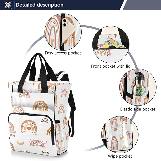 Boho Rainbow Diaper Bag Backpack, Mommy Bag, Multifunctional Diaper Backpack, Travel Backpack, Large Capacity