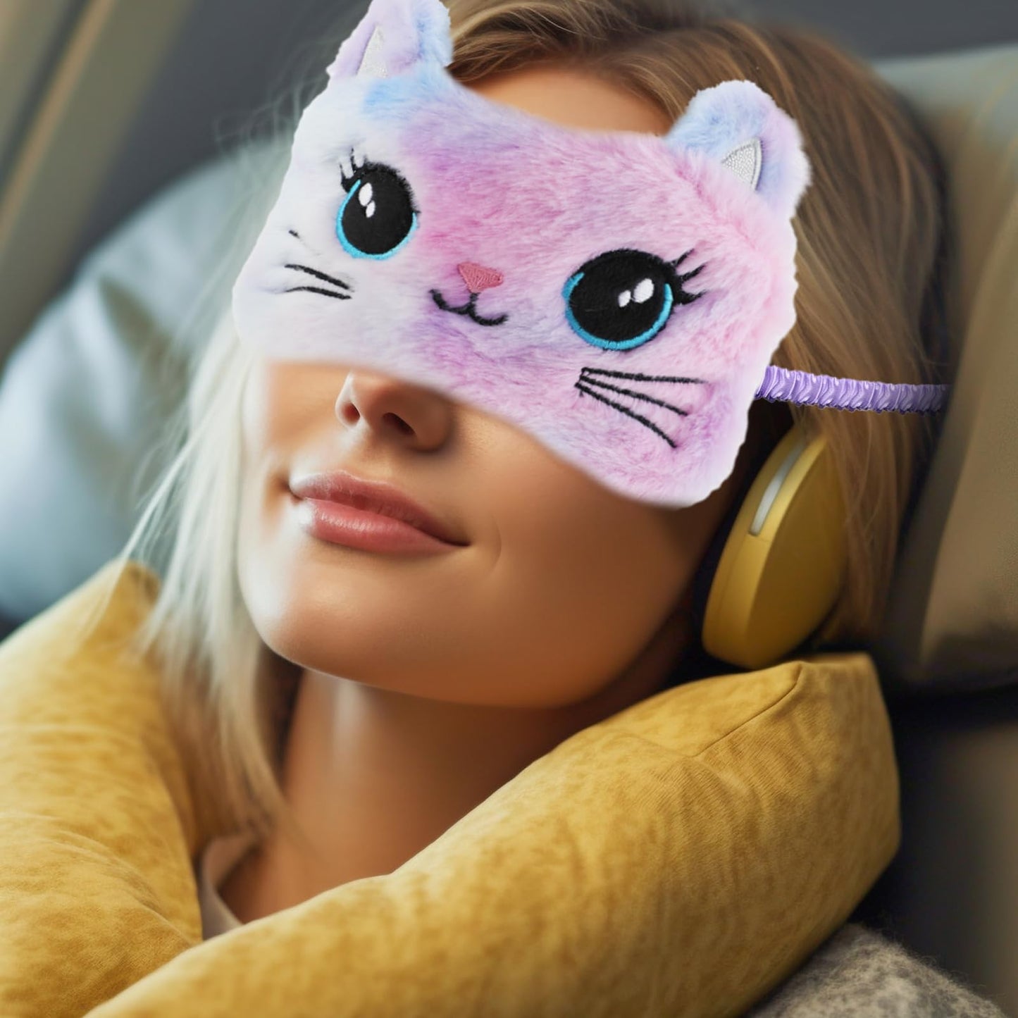 Gjinxi Sleep Mask for Kids, 2 PCS Soft Plush Sleeping Eye Mask, Funny Blindfold Sleep Eye Cover, Cute Animal Sleeping Eye Shade, Night Eyeshade Cover for Toddler Boys Girls Women Men(Cat)