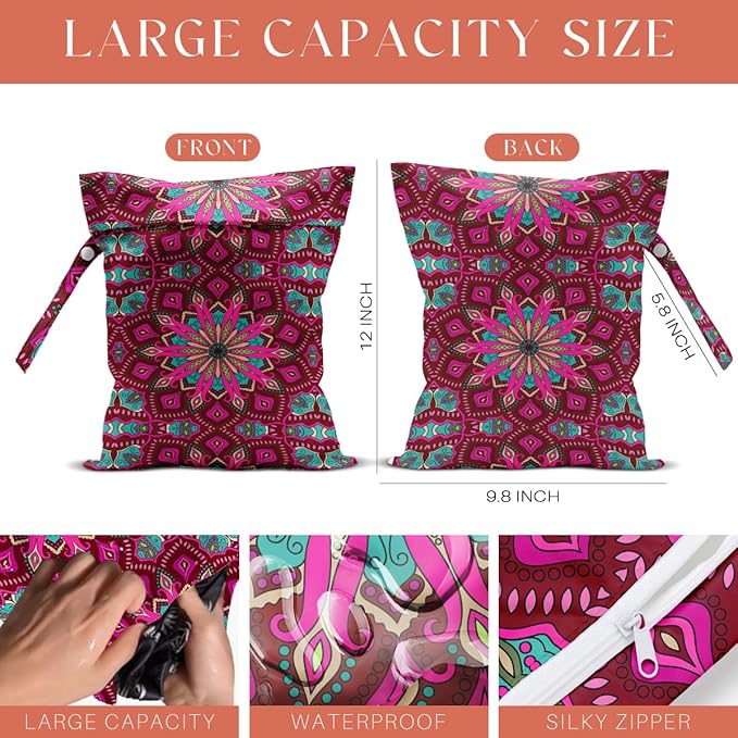 4 Pack Boho Mandala Floral Lover Gift Wet Bag Waterproof Washable Reusable Wet Dry Bag for Swimsuit Clothes Cloth Diaper Travel Pool Yoga Toiletries Gift for Women Sister Bestie Birthday Christmas